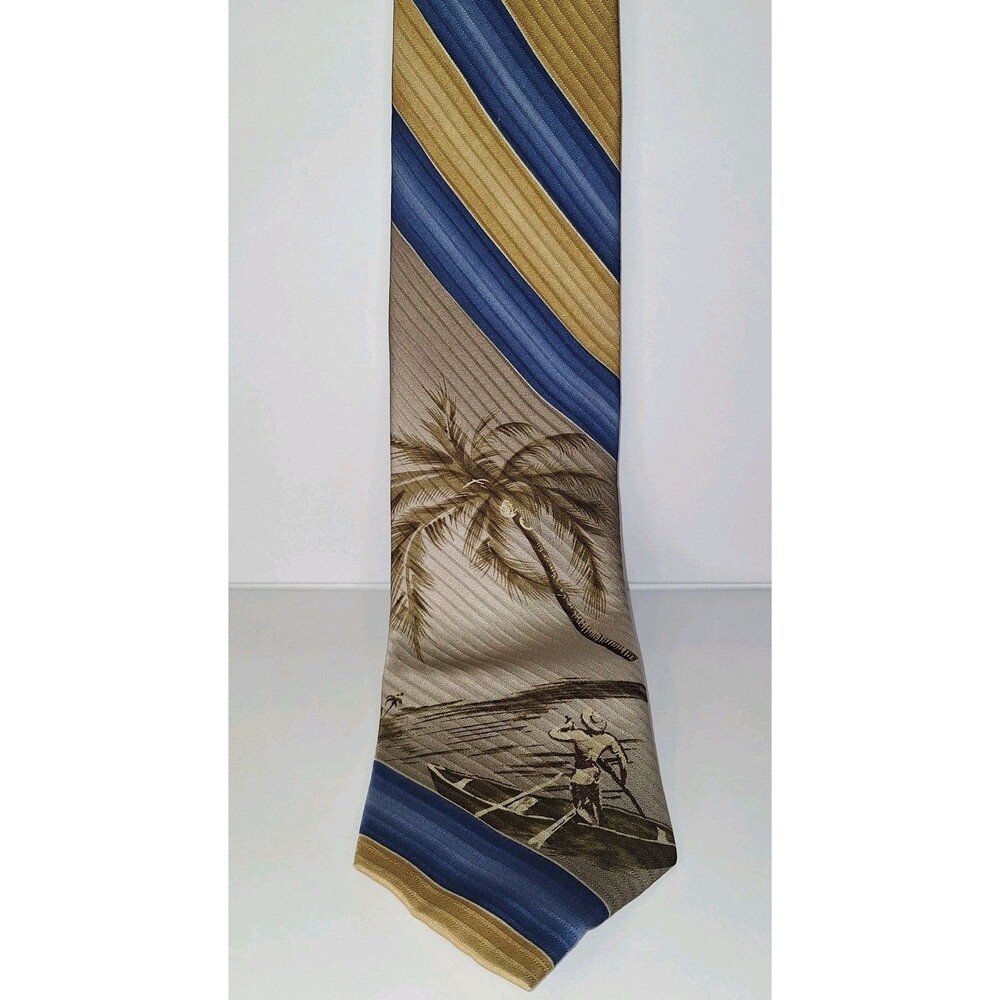 Hawaiian Tropic Vintage Silk Tie Tropical Palm Tree Surf Canoe Made USA EUC